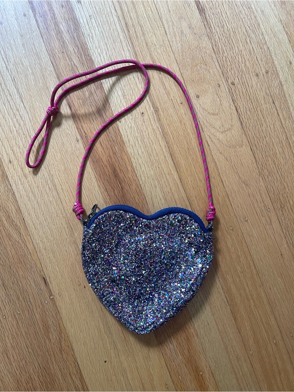 Crewcuts Navy-Trim Glitter Heart Crossbody with Pink Cord
